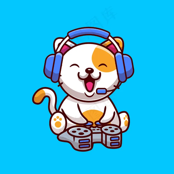 可爱的猫游戏与耳机和控制台卡通图标插图。动物游戏图标概念。平面卡通风格