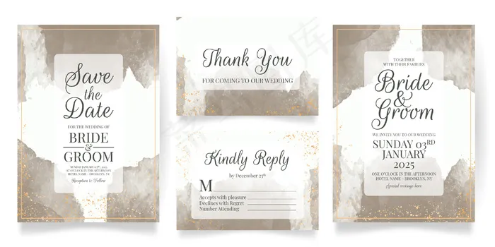 水彩背景婚礼请柬套装模板eps,ai矢量模版下载