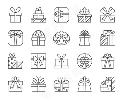 礼品盒，礼品，包裹线图标集，为生日，圣诞节，假日设计。