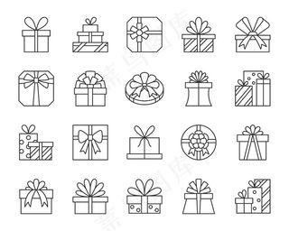 礼品盒，礼品，包裹线图标集，为生日，圣诞节，假日设计。