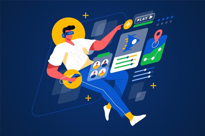 使用虚拟现实耳机概念的漂浮人