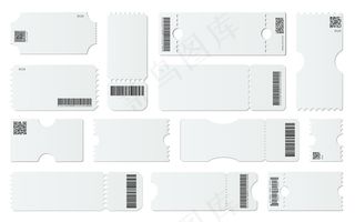 空白票模型样机。带条形码的白色机票、空优惠券和入场券一套。带有可撕掉元素的凭单。二维码，数字识别。礼品卡样品