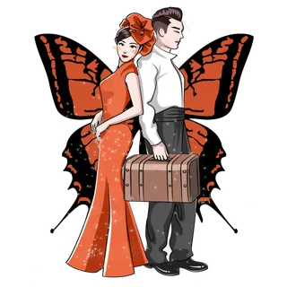 七夕情人节橘色唯美卡通蝴蝶情侣