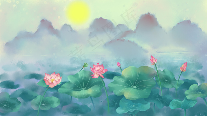八月十五中秋节荷塘月夜荷花池山水中秋风景(2880*1620px 300 dpi )psd模版下载
