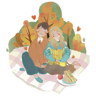 秋日情侣野餐依偎听歌落叶PNG图