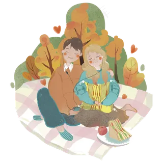 秋日情侣野餐依偎听歌落叶PNG图