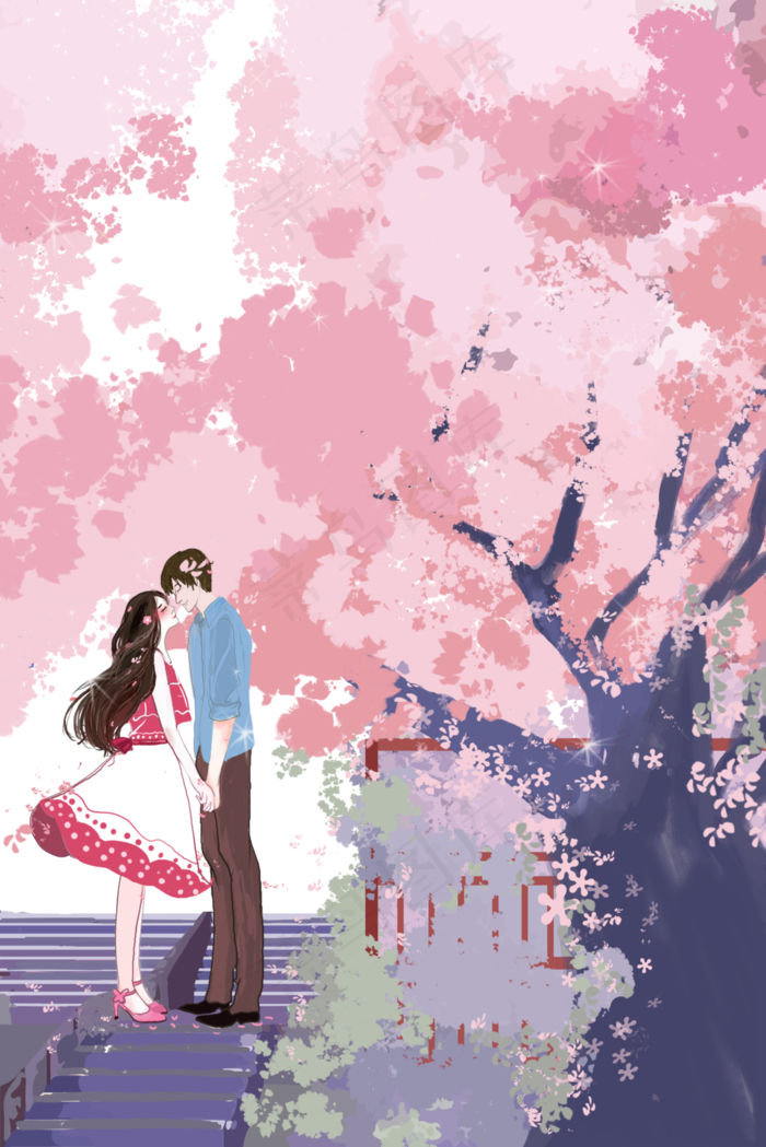 日唯美烂漫樱花情侣风景