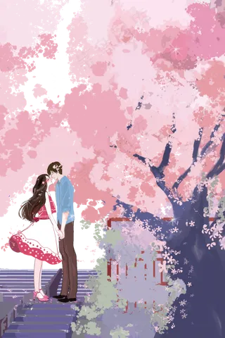 日唯美烂漫樱花情侣风景