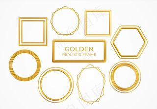 一组不同形状的金色金属现实框架，隔离在白色背景上