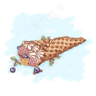 华夫蛋卷配奶油、蓝莓、覆盆子和薄荷叶。甜点和糖果。