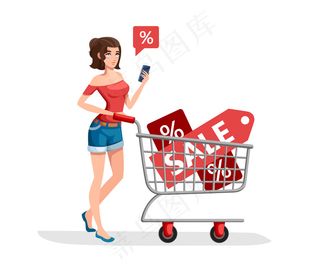 一名妇女正提着一辆挂着销售横幅banner的购物车。穿红衬衫的女孩拿着智能手机。卡通人物。白底插图