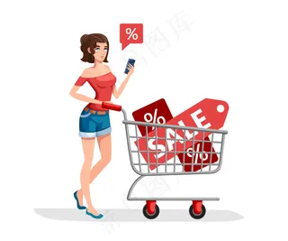 一名妇女正提着一辆挂着销售横幅banner的购物车。穿红衬衫的女孩拿着智能手机。卡通人物。白底插图