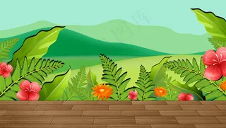 芙蓉花和叶子与山背景