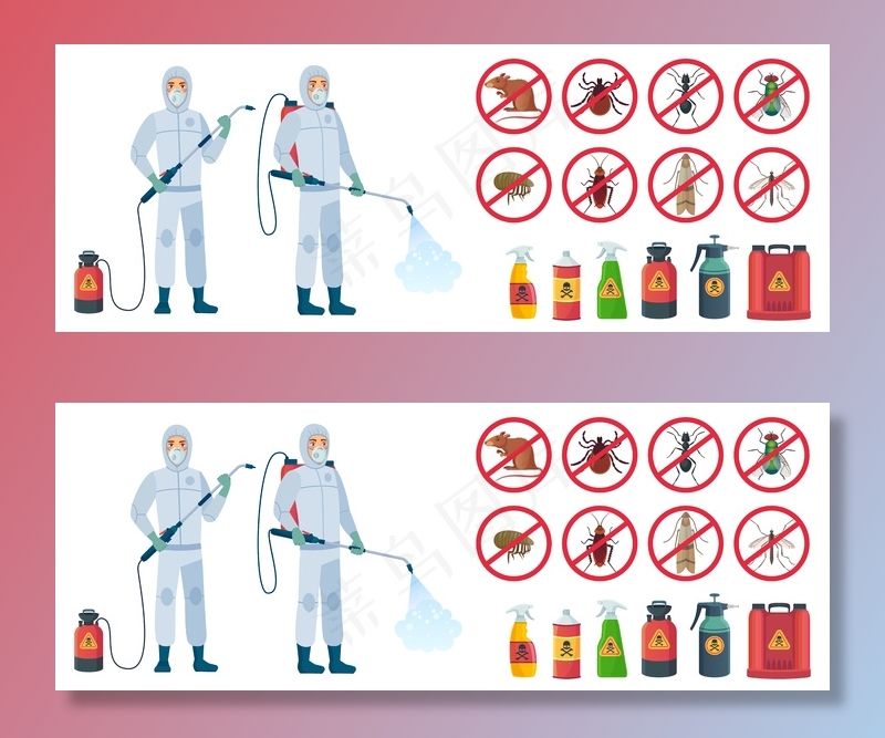 卡通消毒器。消毒员穿着带毒药喷雾瓶的防护服。插图集。害虫防治、昆虫、化学毒物设备