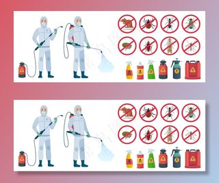 卡通消毒器。消毒员穿着带毒药喷雾瓶的防护服。插图集。害虫防治、昆虫、化学毒物设备