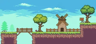 像素艺术街机游戏场景与浮动平台磨坊桥树木栅栏和云