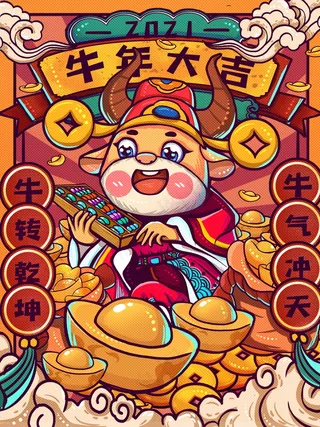 牛年插画 牛年海报 新春海报