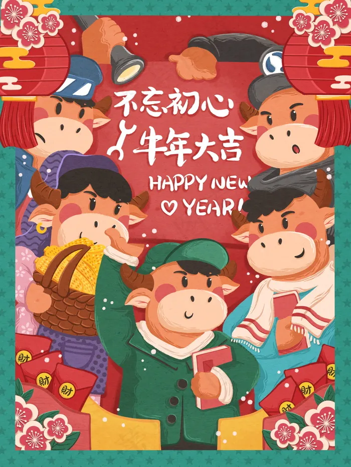 牛年插画 牛年海报 新春海报psd模版下载