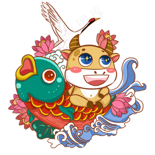 2021年春节牛年喜庆锦鲤卡通牛