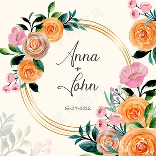 保存日期。金框玫瑰花卉水彩