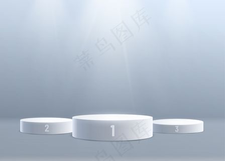 3d讲台背景，上面有灯光。第一，第二和第三名。数字名称。