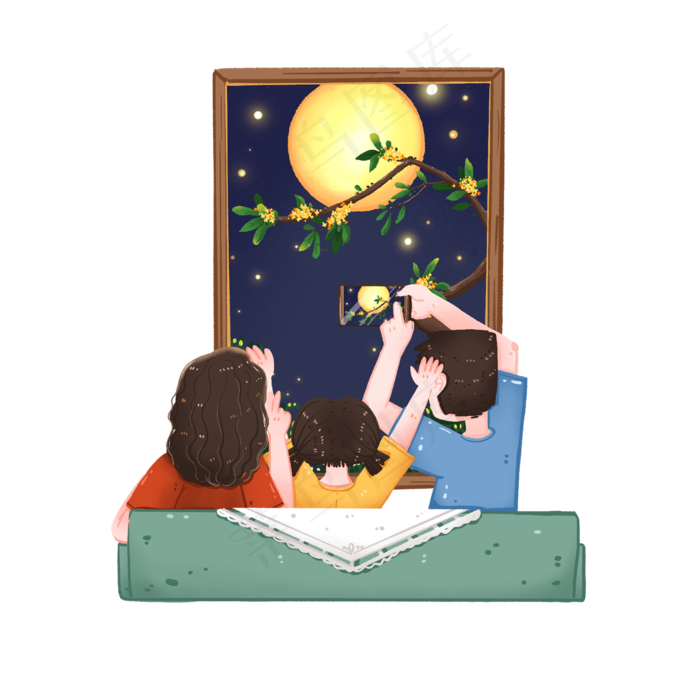 中秋节窗前赏月拍照的一家人(2000X2000(DPI:300))psd模版下载