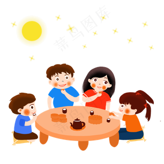 中秋一家团员吃月饼看月亮星星