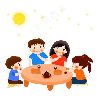 中秋一家团员吃月饼看月亮星星