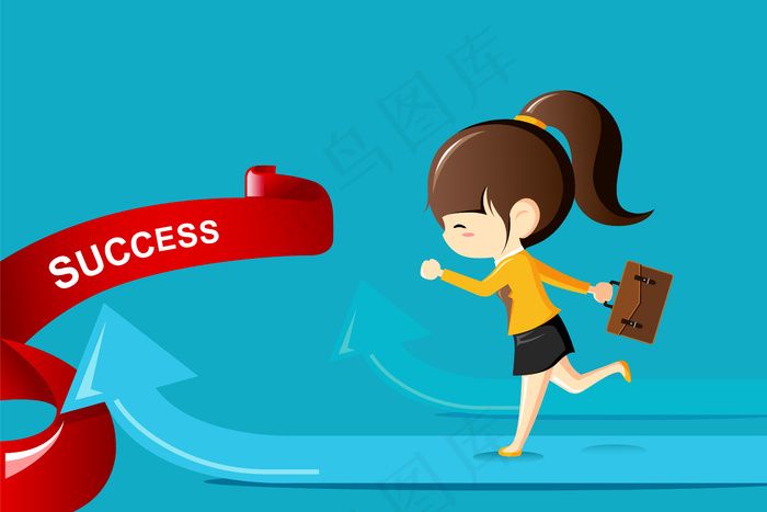 女商人向成功之箭奔跑。商业竞争概念说明
