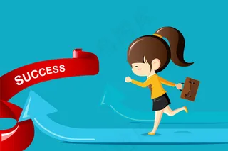 女商人向成功之箭奔跑。商业竞争概念说明