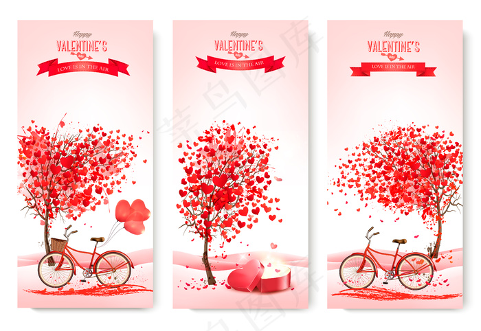 三个情人节横幅banner与粉红色的树木和心。