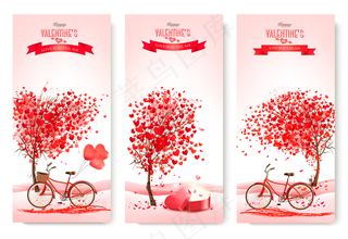 三个情人节横幅banner与粉红色的树木和心。