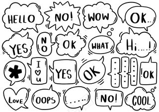 手绘背景集可爱的语音泡沫与涂鸦风格的文本