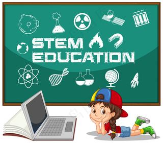 女孩和笔记本电脑，黑板上有stem教育文本
