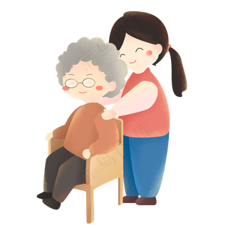 手绘扁平女孩给奶奶捶背元素
