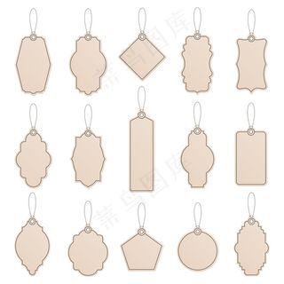 标签模板。复古纸标签，工艺价格标签，商店工艺标签模板，促销生产模板图标集。插图吊牌，价格真实，有绳子