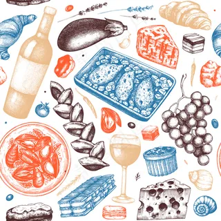 传统的法国食品无缝模式。配上手绘的葡萄酒、荤菜、甜点和小吃。法国餐厅复古背景。 传统的法国食品无缝模式。配上手绘的葡萄酒、荤菜、甜点和小吃。法国餐厅复古背景。