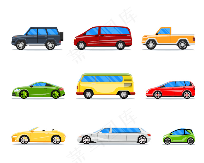 矢量车设置在平面样式。吉普车和敞篷车，豪华轿车和掀背车，面包车和轿车插图