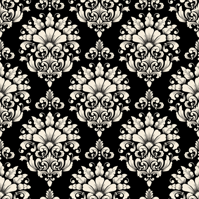 矢量锦缎无缝图案背景。古典奢华的老式锦缎装饰，皇家维多利亚无缝纹理壁纸，纺织品，包装。