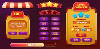 水平完成和退出菜单弹出屏幕与星星和按钮