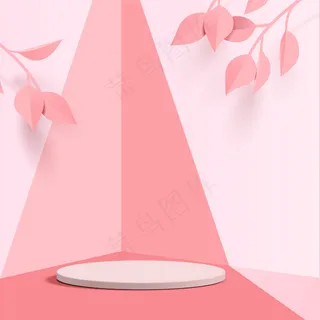 具有几何形式的抽象极小场景。圆柱形讲台展示或展示产品实物模型样机，粉红色背景，带纸页。