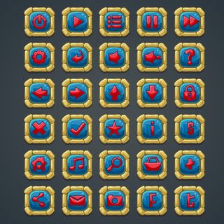 一套带有石头元素和符号的方形按钮，用于网页界面和电脑游戏