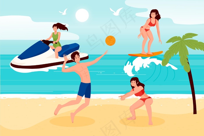 沙滩上的夏日运动爱好者
