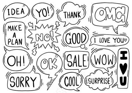 手绘背景集可爱的语音泡沫与涂鸦风格的文本