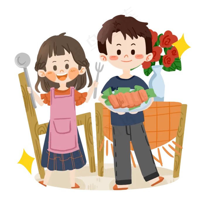七夕卡通情侣一起做饭PNG素材(3000X3000(DPI:300))psd模版下载