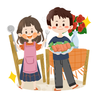 七夕卡通情侣一起做饭PNG素材