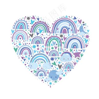 可爱的蓝色彩虹图案。彩虹之心