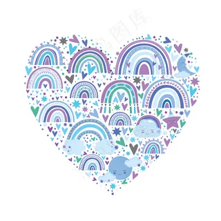 可爱的蓝色彩虹图案。彩虹之心
