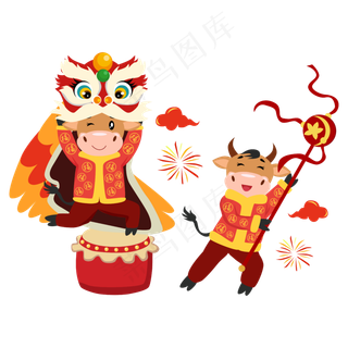 喜庆牛年舞狮矢量图