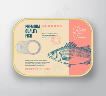 带标签盖的抽象鱼铝容器。复古高级罐装包装。